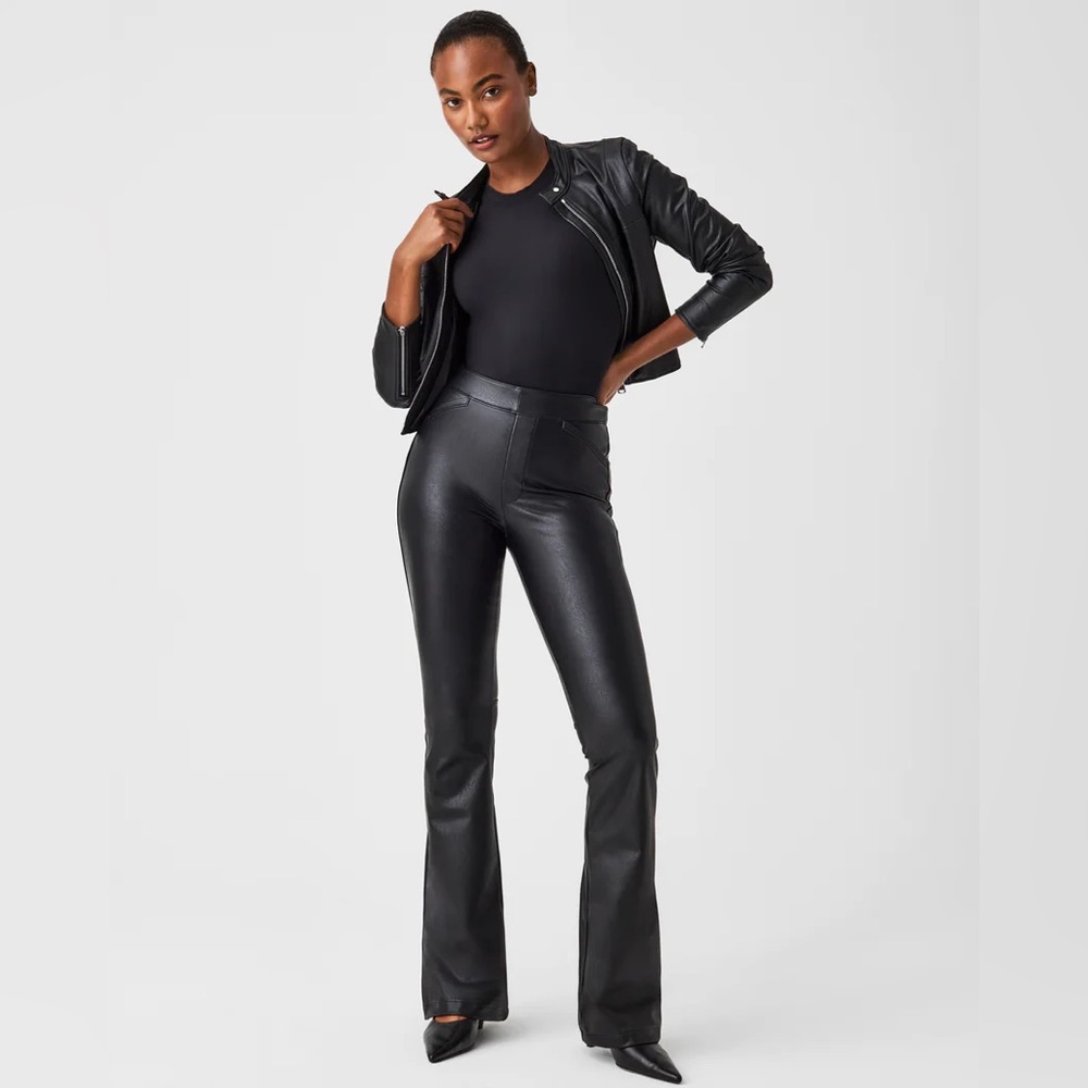 Black Faux Leather Flare Pants - Women